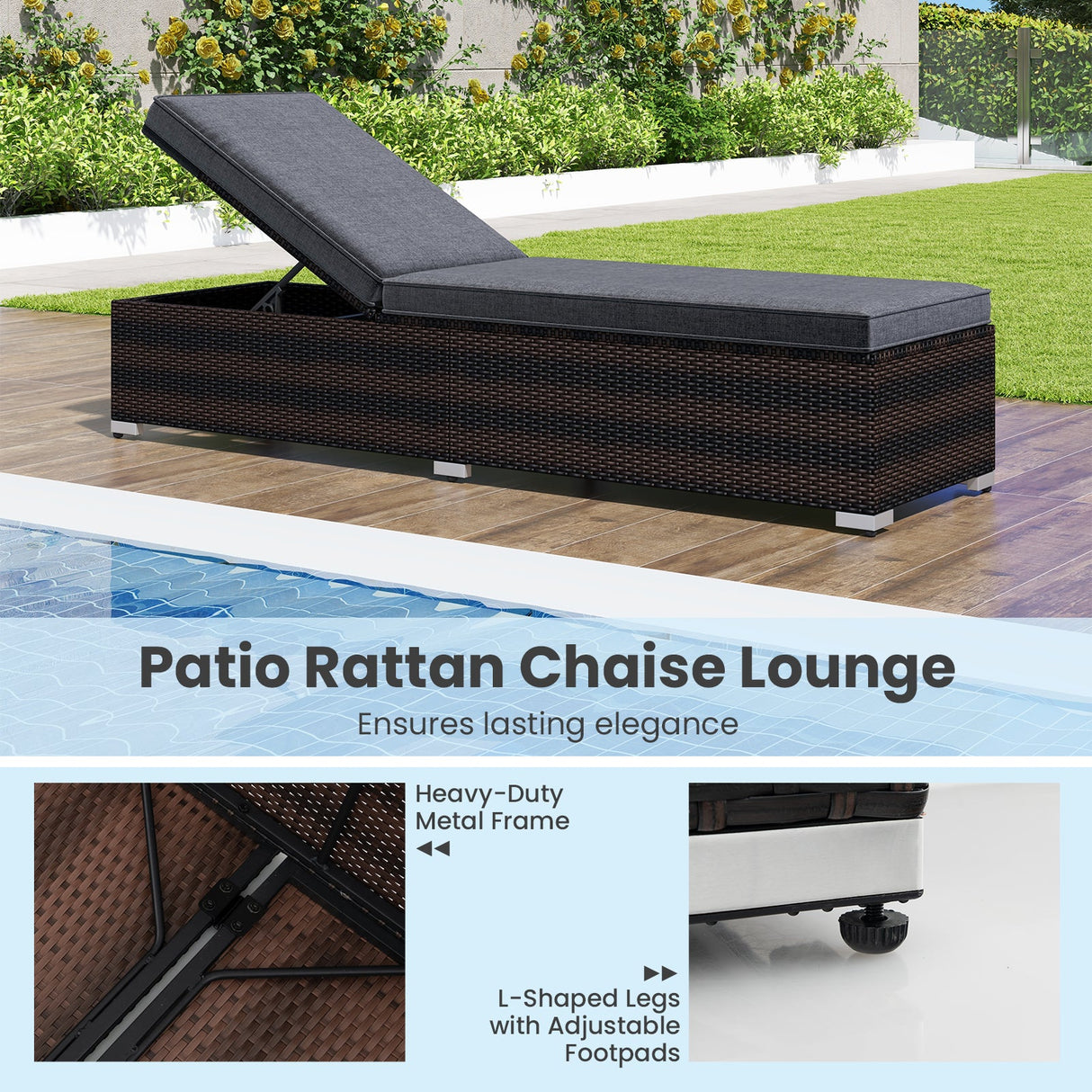 Tumbona de patio de mimbre con respaldo reclinable de 4 posiciones y cojín largo para asiento - Marrón