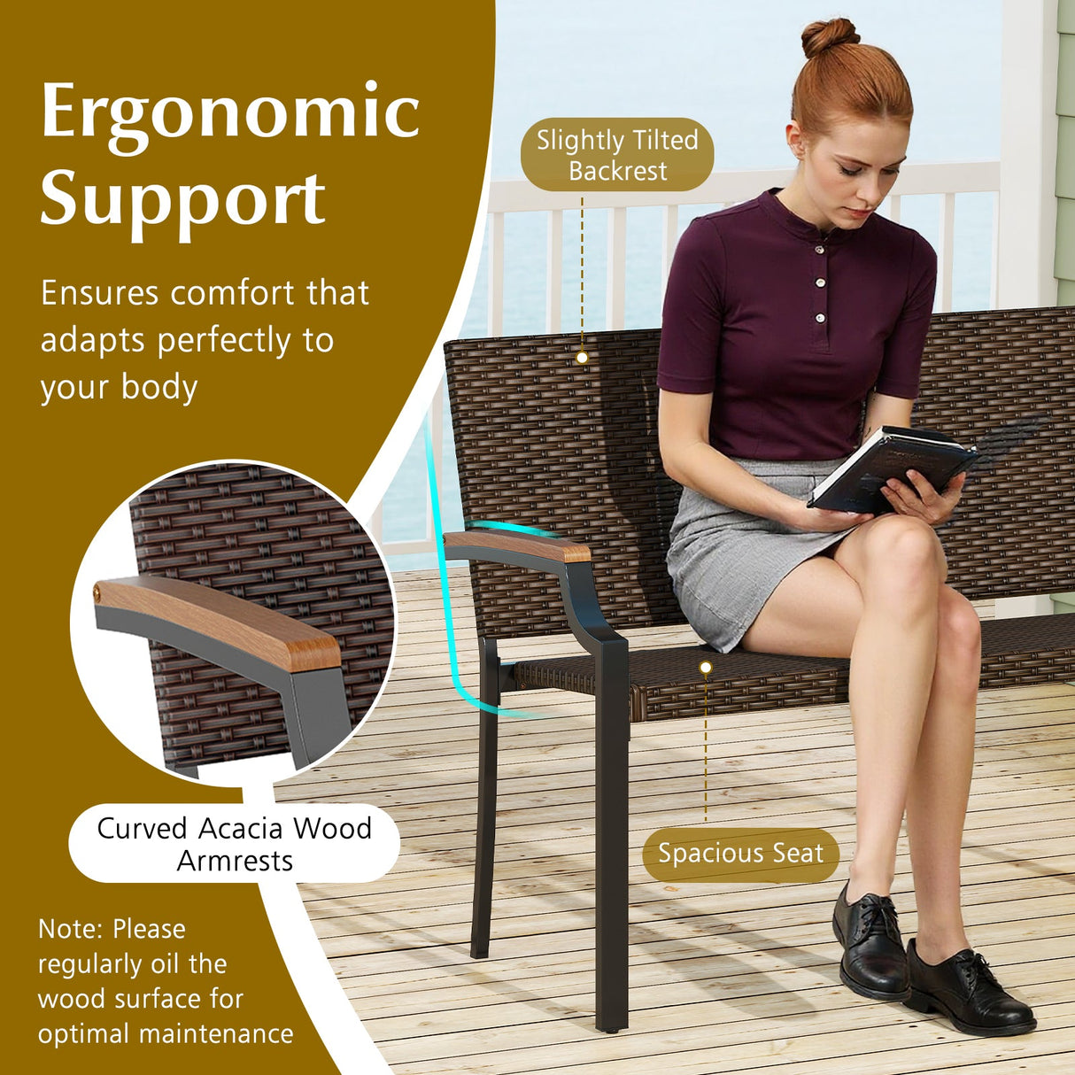 Sillón Loveseat de Mimbre para Patio con Reposabrazos de Madera de Acacia y Estructura de Metal