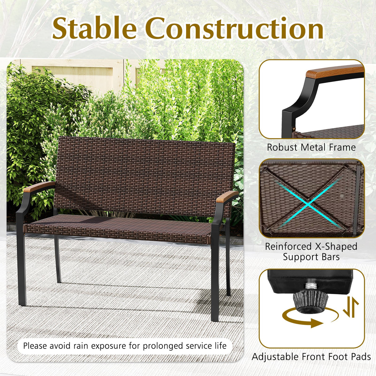Sillón Loveseat de Mimbre para Patio con Reposabrazos de Madera de Acacia y Estructura de Metal