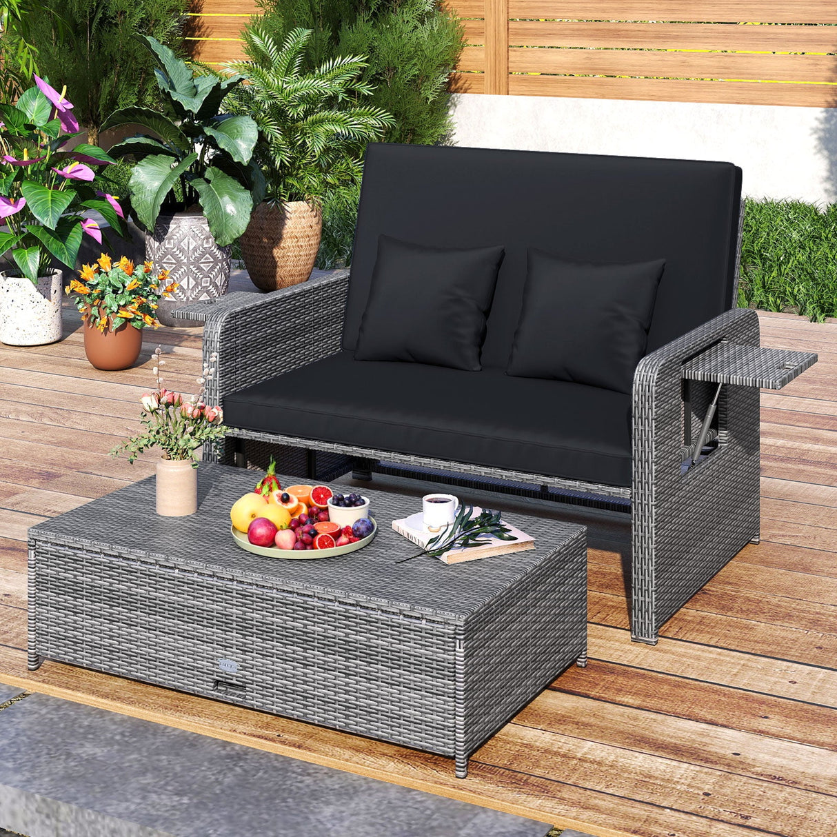 Sofá biplaza de mimbre para patio con otomana multiusos y bandeja lateral retráctil