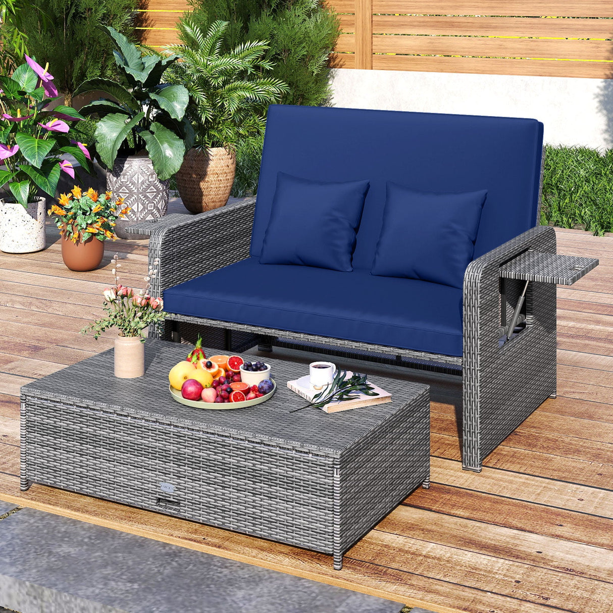 Sofá biplaza de mimbre para patio con otomana multiusos y bandeja lateral retráctil