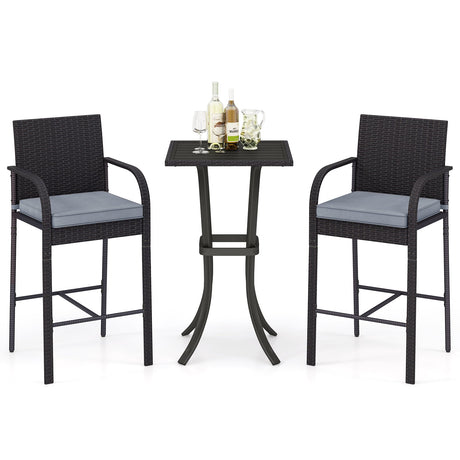 Juego de 3 piezas de sillas de bar y mesa cuadrada de mimbre para patio - Negro