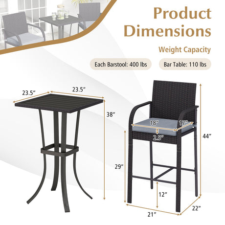 Juego de 3 piezas de sillas de bar y mesa cuadrada de mimbre para patio - Negro