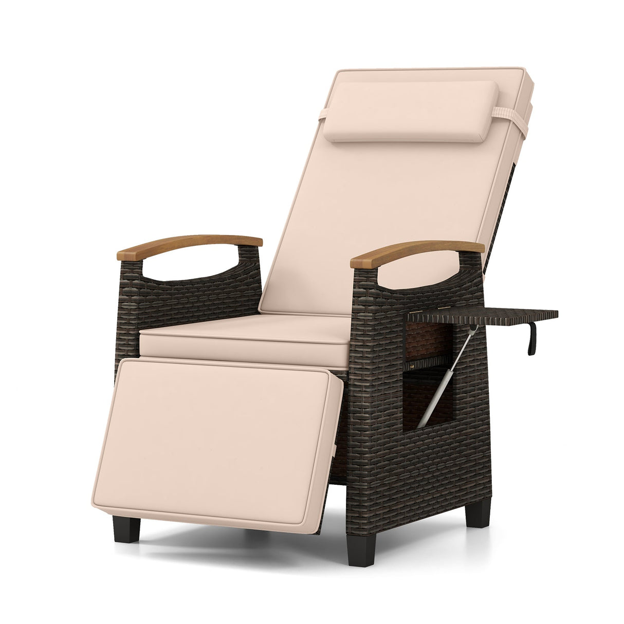Sillón reclinable de mimbre para patio con respaldo y reposapiés ajustables