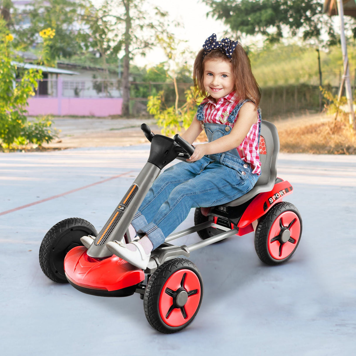 Coche de juguete de 4 ruedas a pedales con volante y asiento ajustables - Rojo