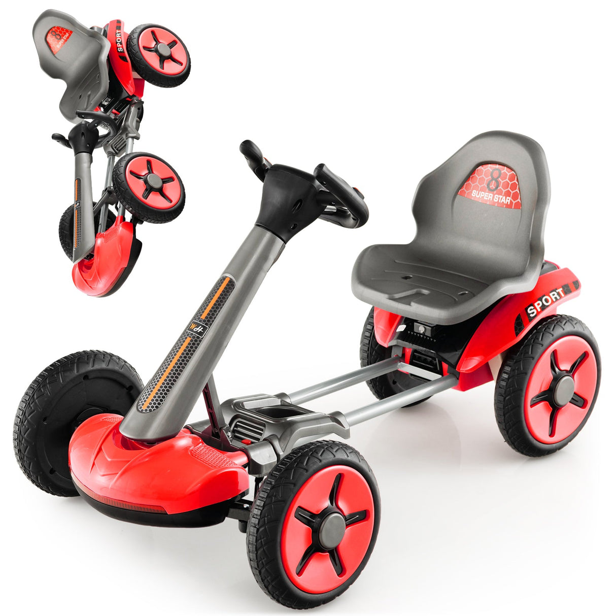 Coche de juguete de 4 ruedas a pedales con volante y asiento ajustables - Rojo