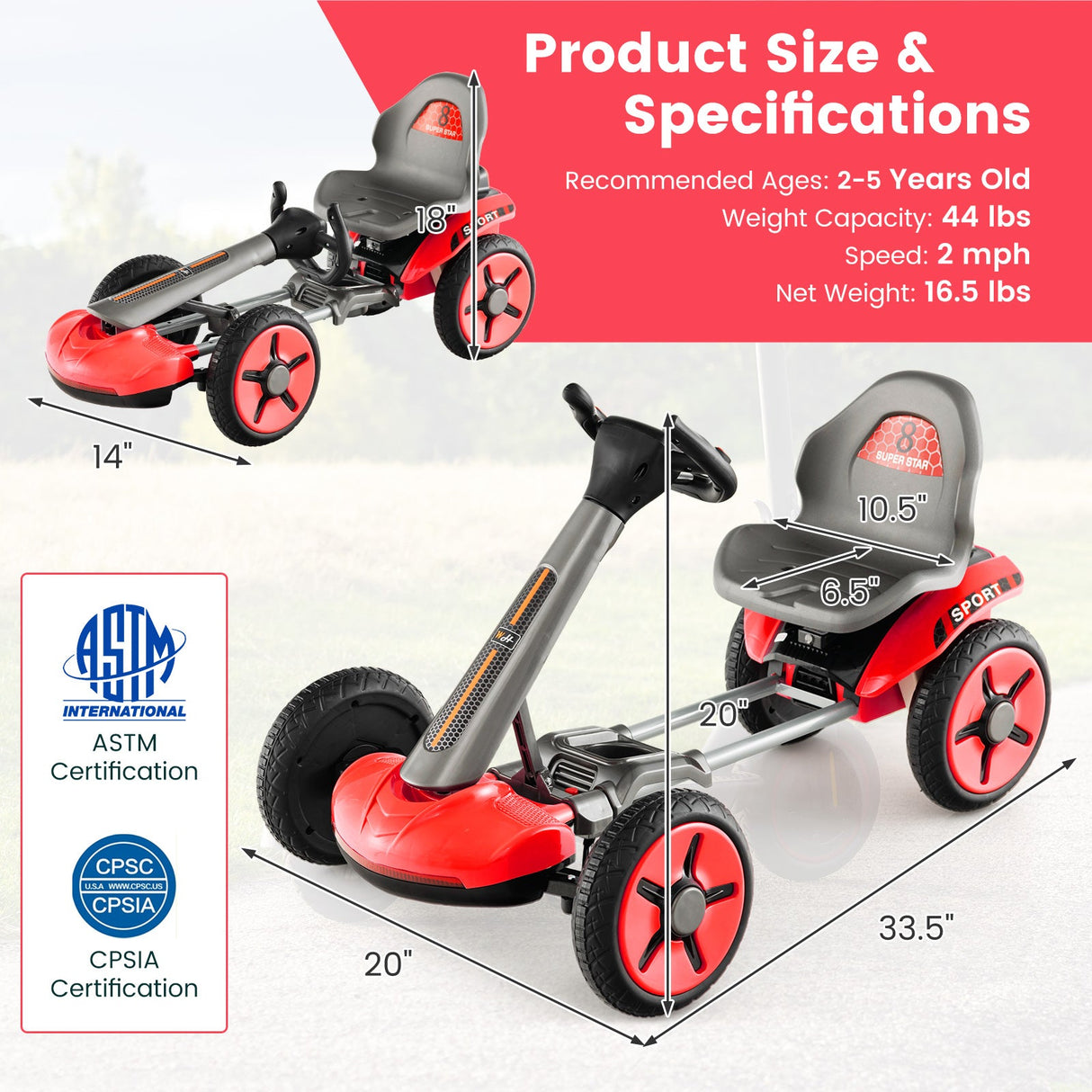 Coche de juguete de 4 ruedas a pedales con volante y asiento ajustables - Rojo