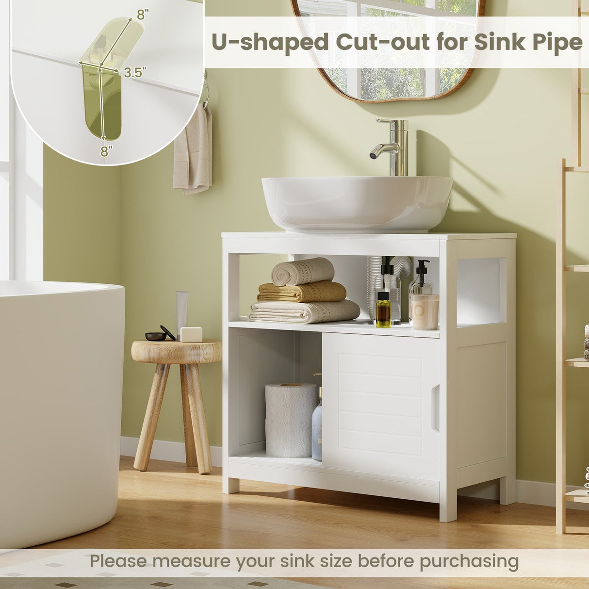 Mueble de almacenamiento para lavabo con pedestal, 2 puertas correderas y recorte en forma de U - Blanco