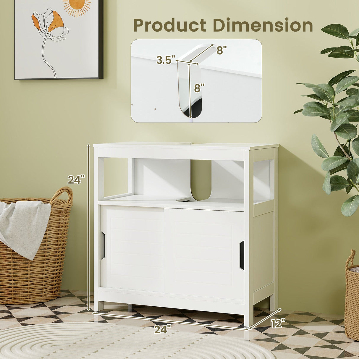 Mueble de almacenamiento para lavabo con pedestal, 2 puertas correderas y recorte en forma de U - Blanco