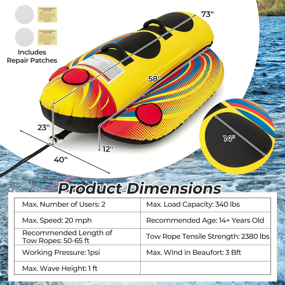 Tubo remolcable inflable de 1 o 2 personas para barco (tipo banana)