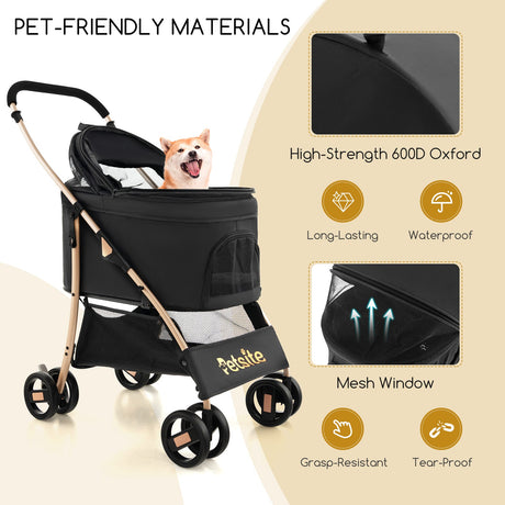 Cochecito 3 en 1 para mascotas con portabebés extraíble - Negro