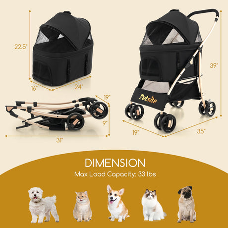 Cochecito 3 en 1 para mascotas con portabebés extraíble - Negro