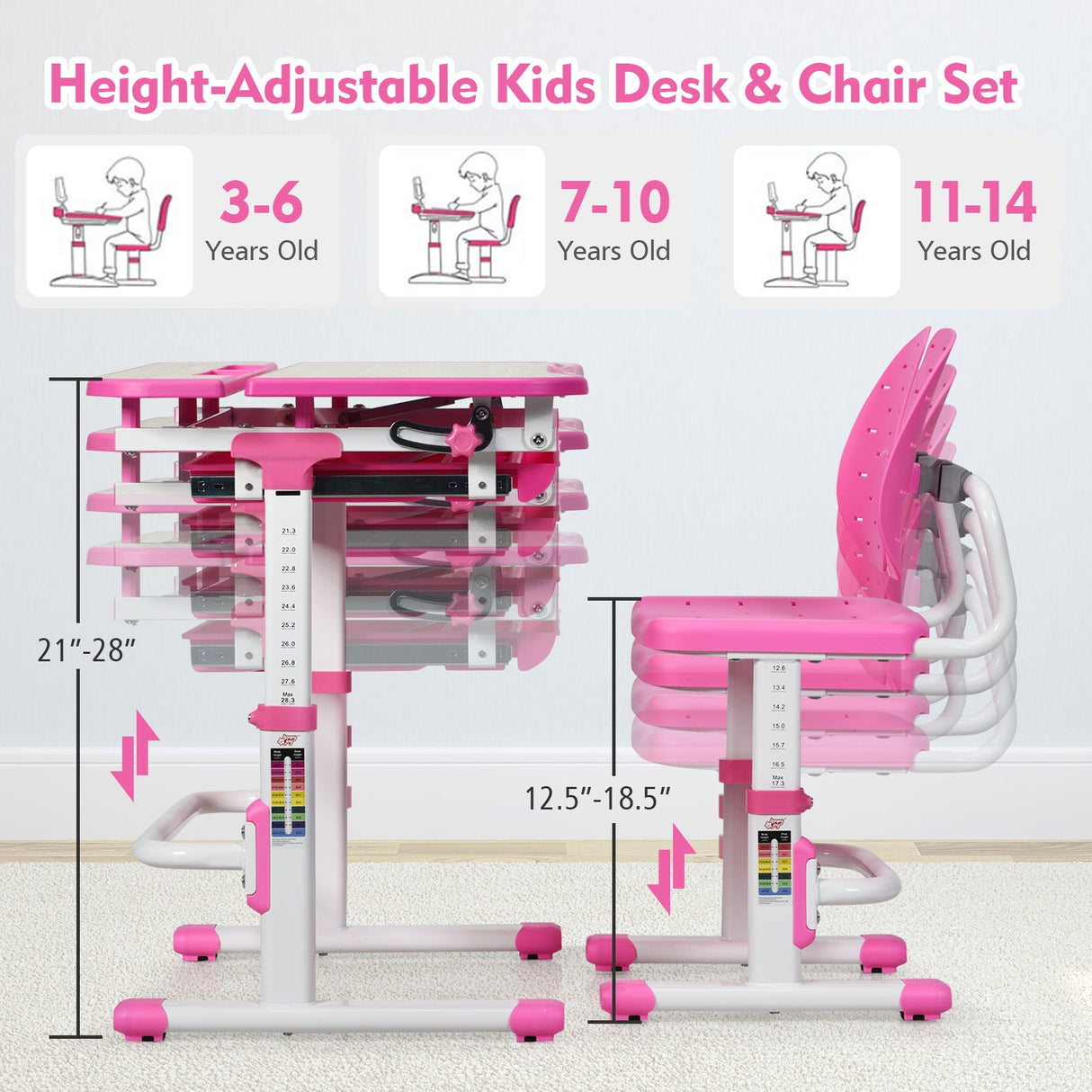 Juego de escritorio y silla de estudio para niños con altura ajustable