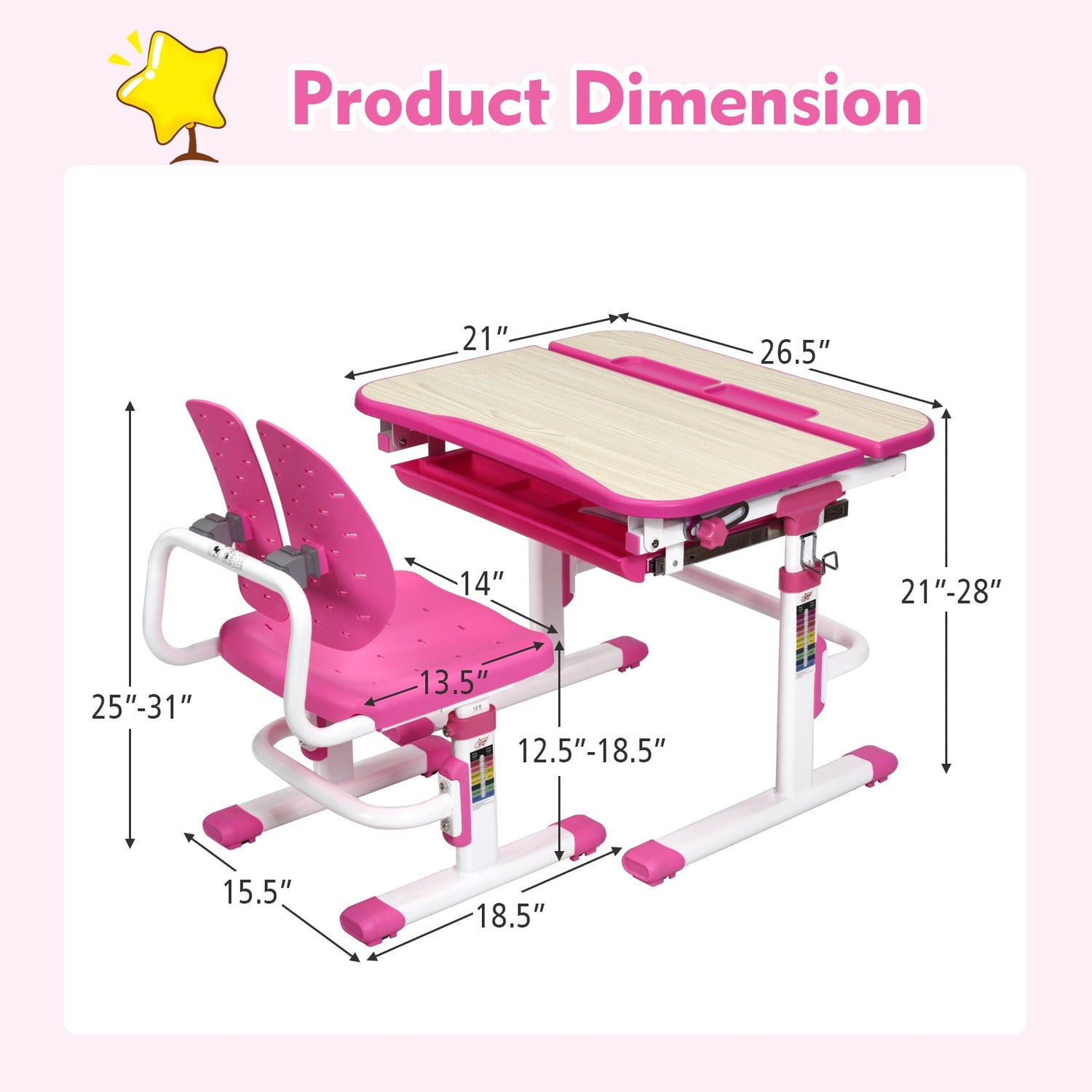 Juego de escritorio y silla de estudio para niños con altura ajustable