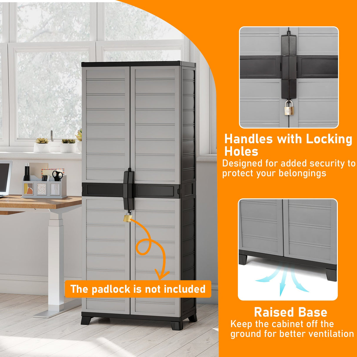 Gabinete de almacenamiento de plástico con puertas y 3 estantes ajustables, con cerradura