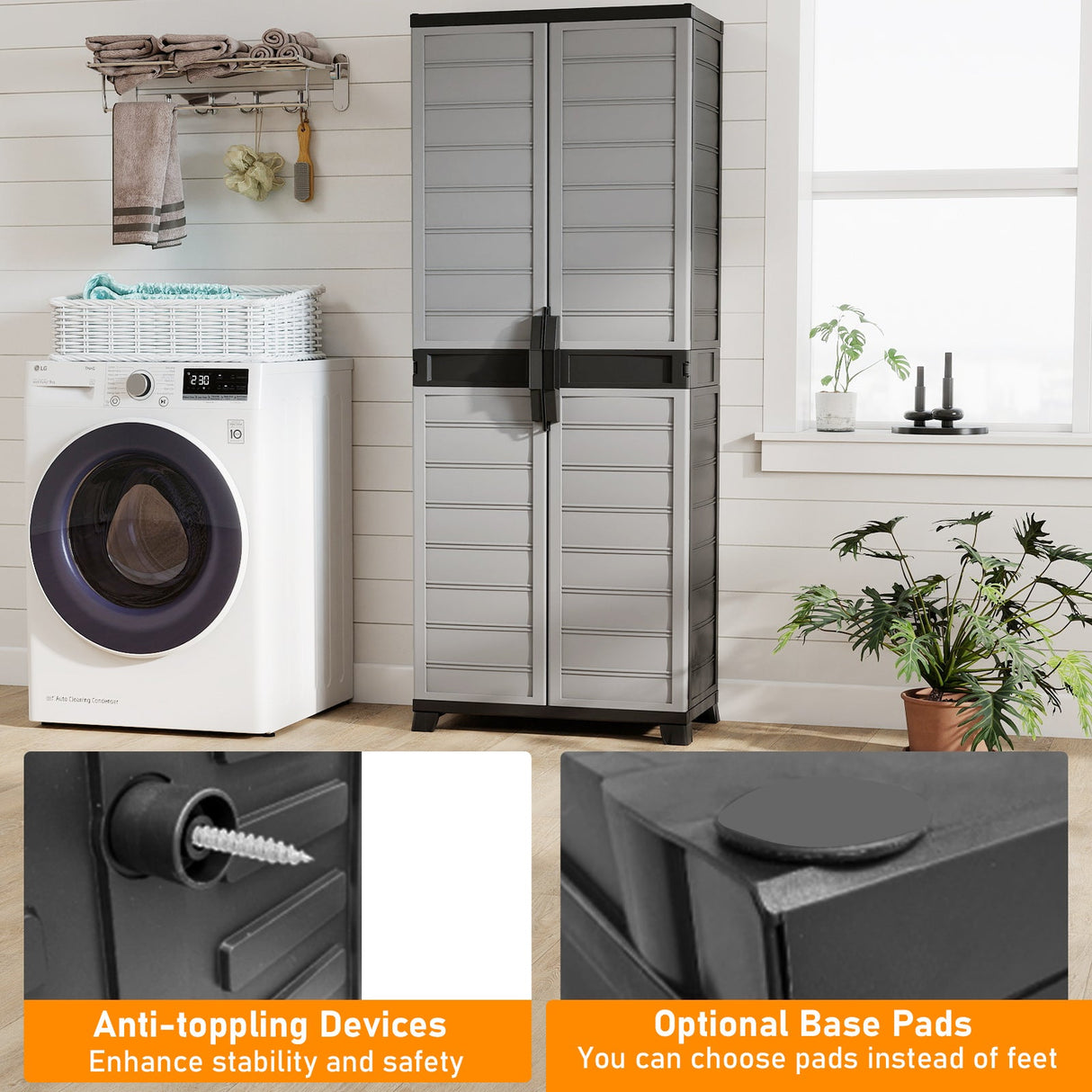 Gabinete de almacenamiento de plástico con puertas y 3 estantes ajustables, con cerradura