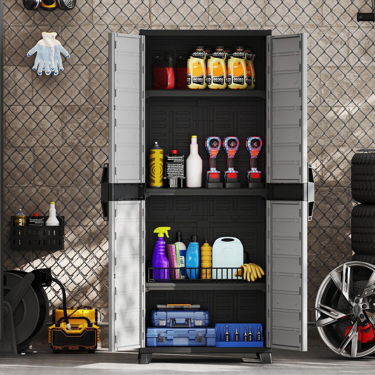 Gabinete de almacenamiento de plástico con puertas y 3 estantes ajustables, con cerradura