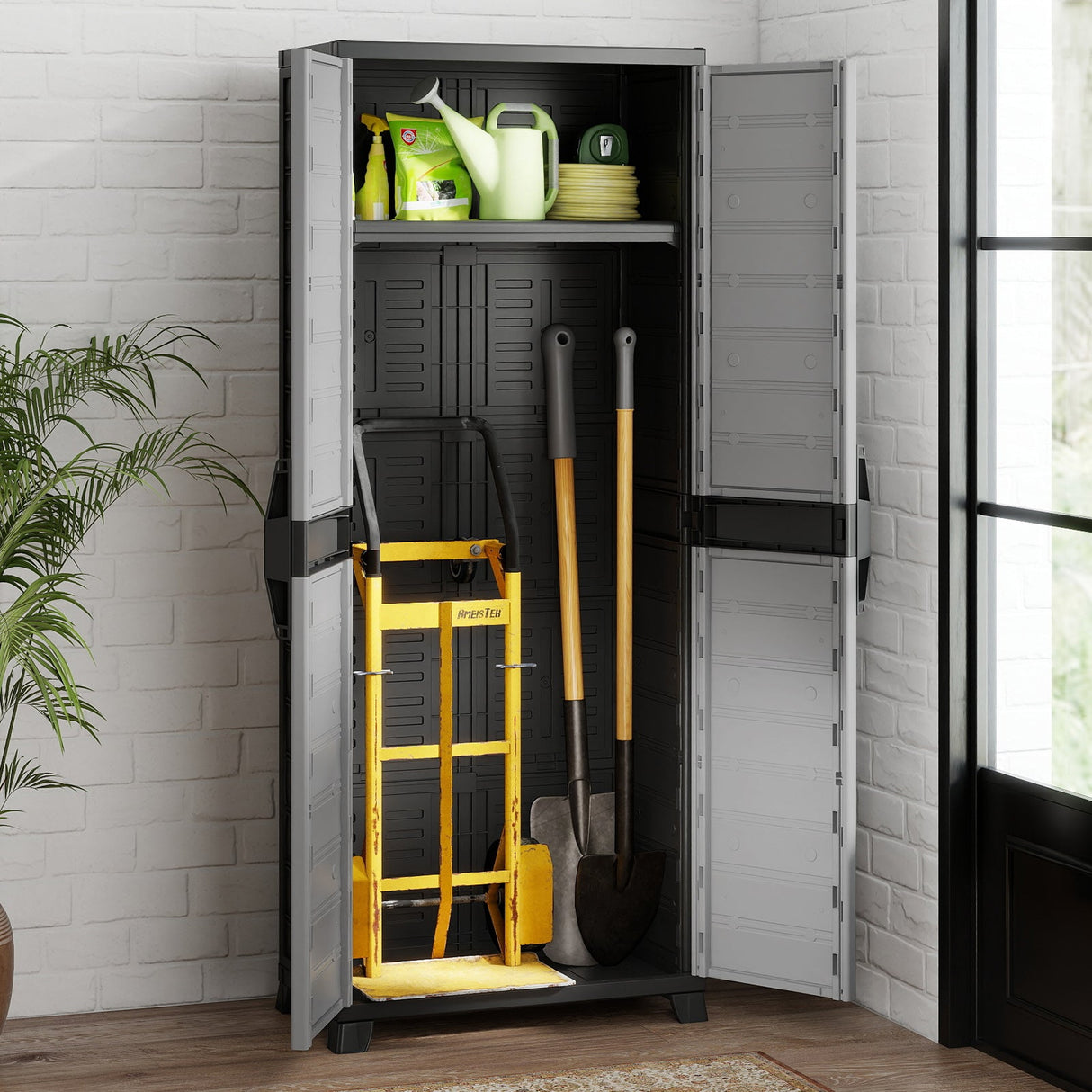 Gabinete de almacenamiento de plástico con puertas y 3 estantes ajustables, con cerradura