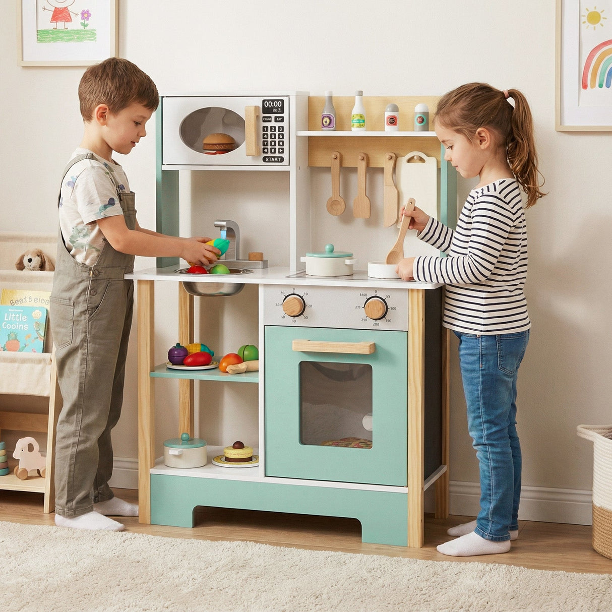 Cocina de juguete de madera, juego de cocina con pizarra, regalo de cumpleaños para niños a partir de 3 años.