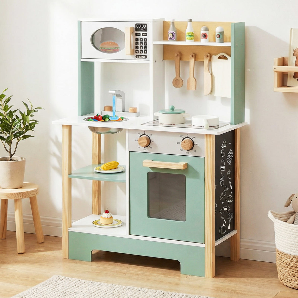 Cocina de juguete de madera, juego de cocina con pizarra, regalo de cumpleaños para niños a partir de 3 años.
