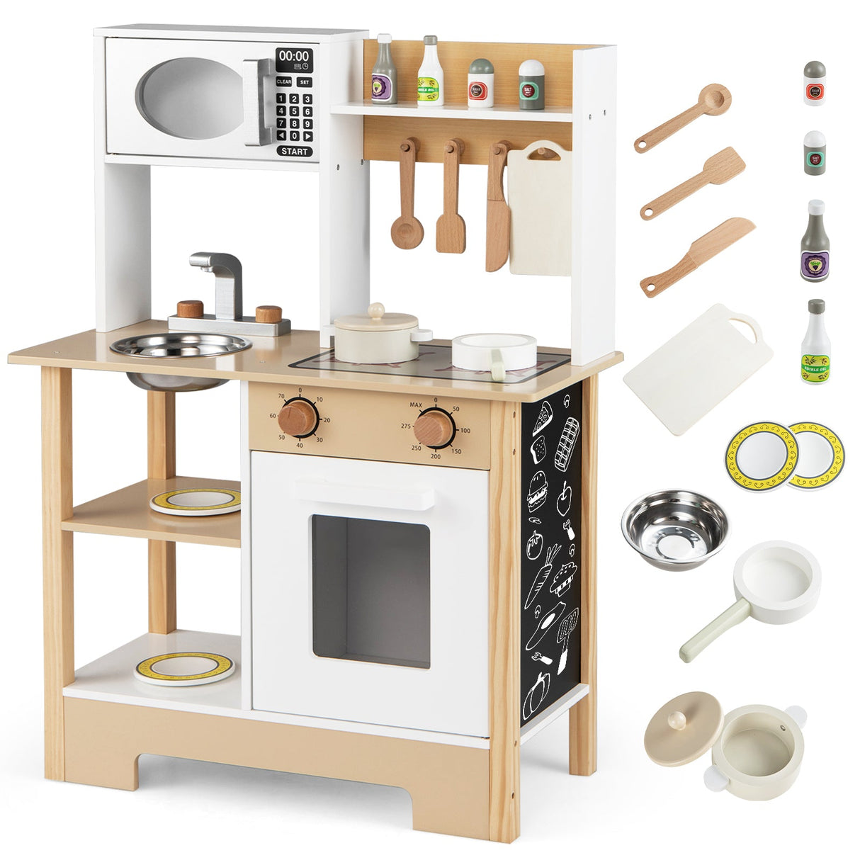 Cocina de juguete de madera, juego de cocina con pizarra, regalo de cumpleaños para niños a partir de 3 años.