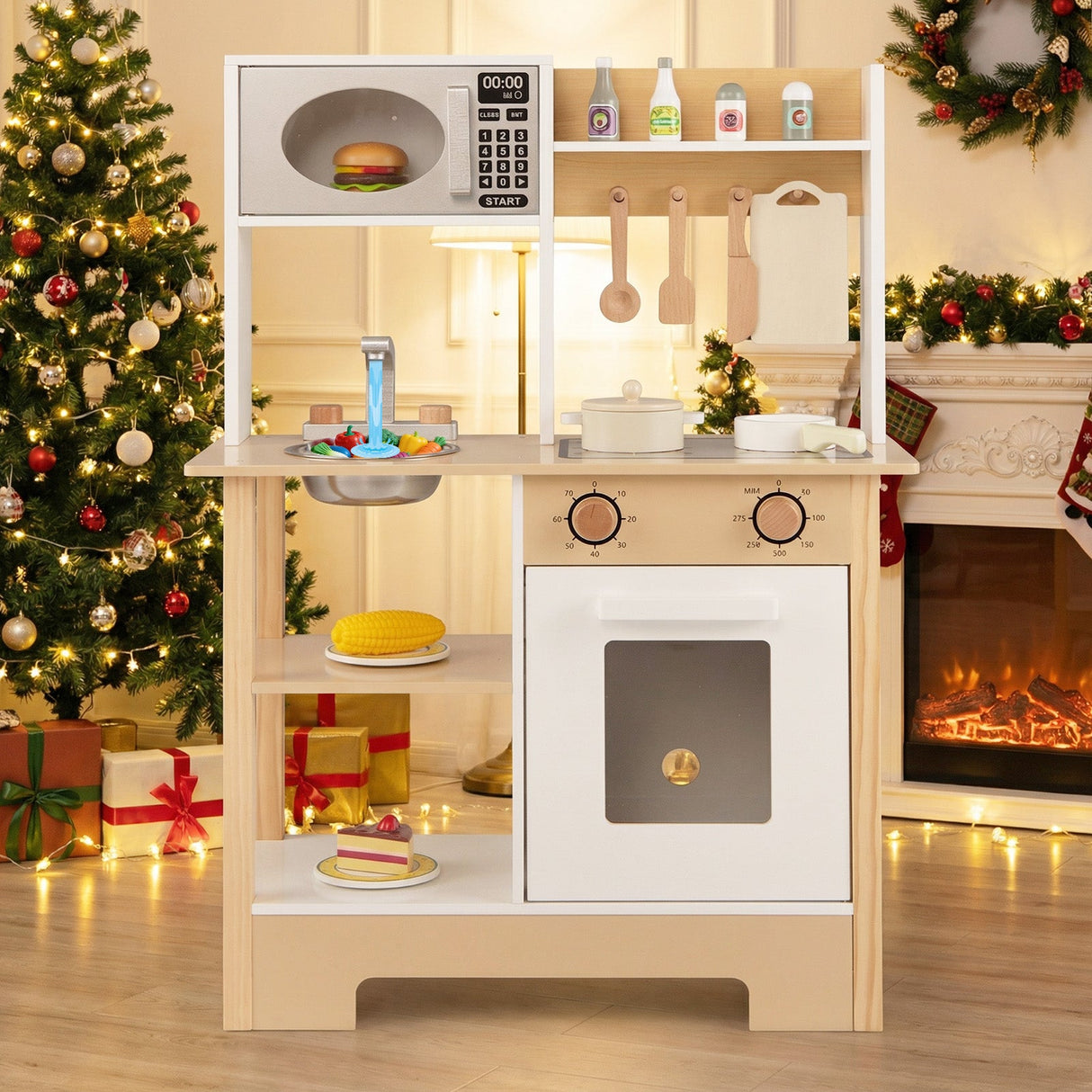 Cocina de juguete de madera, juego de cocina con pizarra, regalo de cumpleaños para niños a partir de 3 años.
