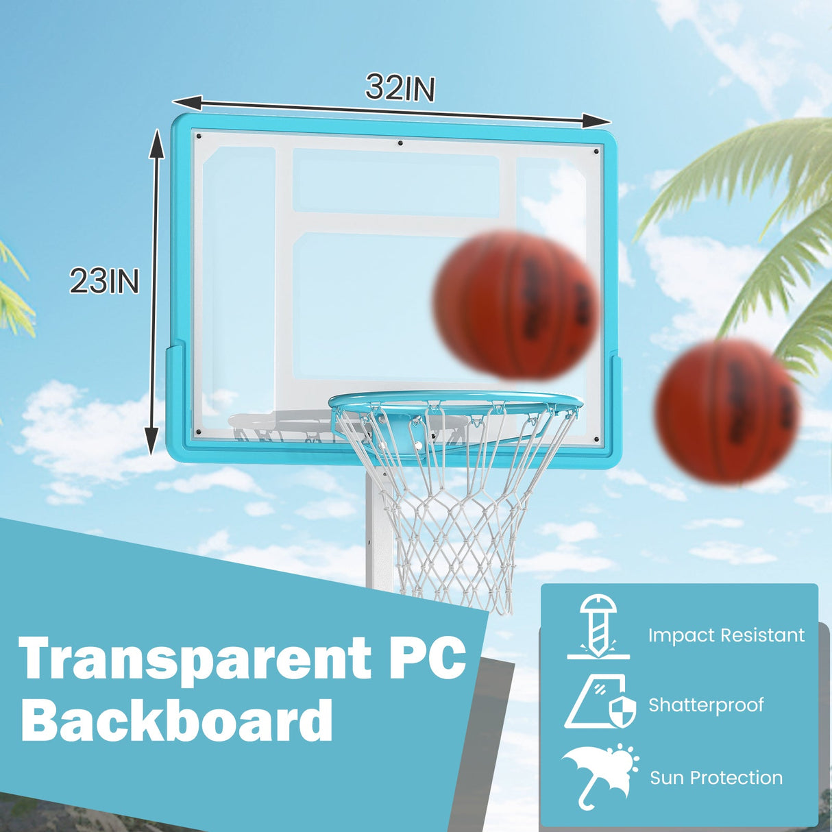 Canasta de baloncesto de piscina, portátil, con tablero inastillable - Blanca