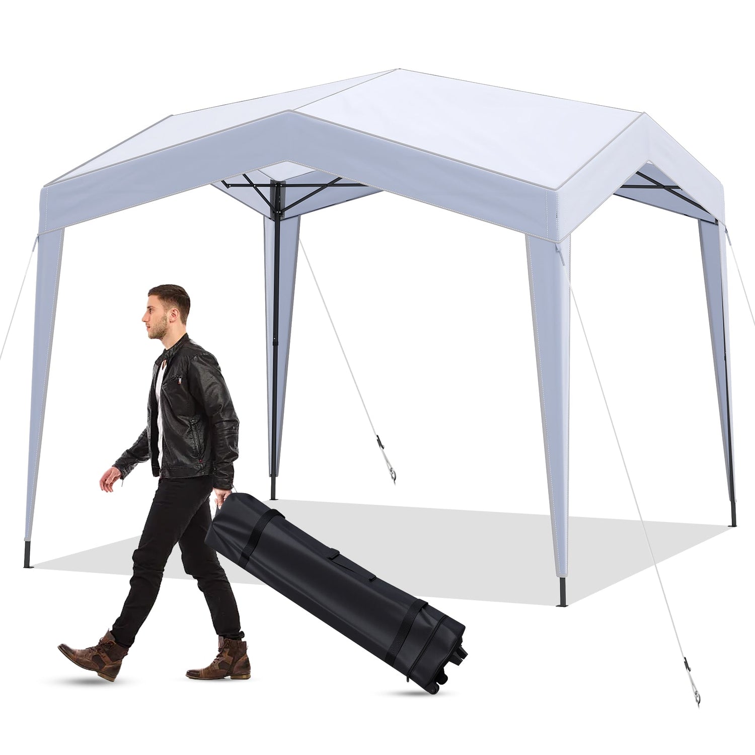 Carpa con dosel emergente con bolsa portátil con ruedas, 8 estacas, 4 cuerdas para viento - Blanca