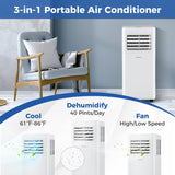 Aire Acondicionado Portátil de 8000 BTU, Unidad de CA 3 en 1 con Ventilador y Deshumidificador
