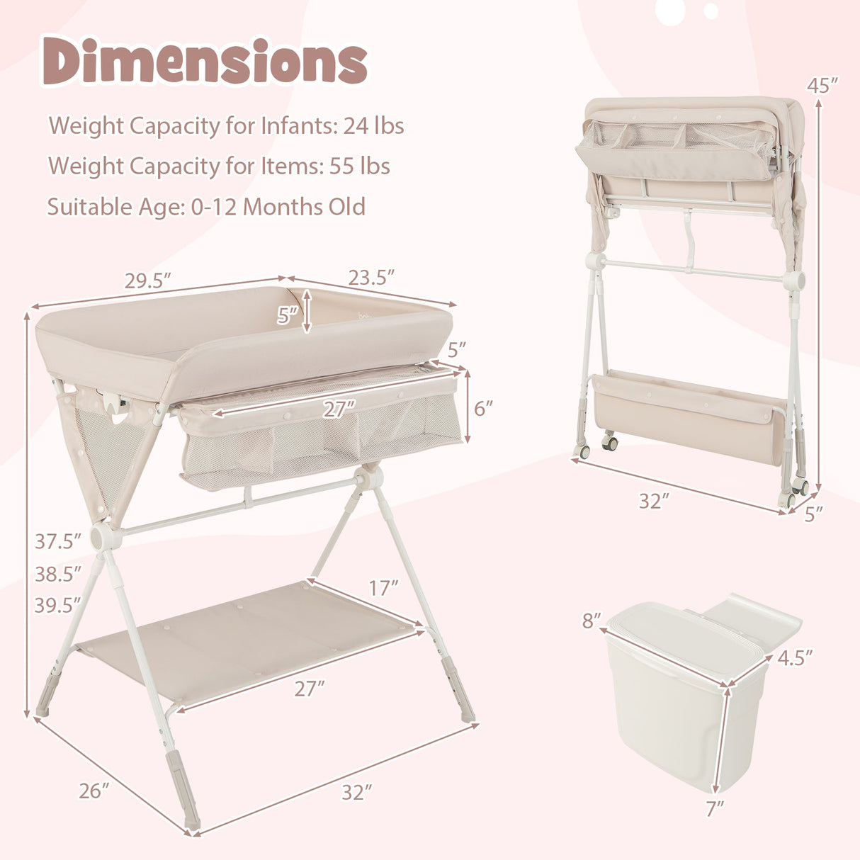 Portable Baby Changing Table with 3-Level Adjustable Height