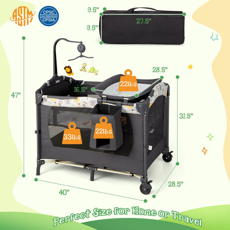 Corral de bebé portátil convertible 3 en 1 con caja de música, ruedas y frenos