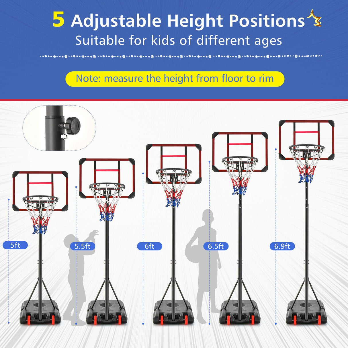 Soporte de canasta de baloncesto con altura ajustable de 1,5 a 2,1 metros