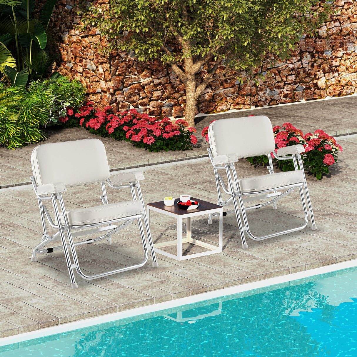 Silla de playa portátil de aluminio para cubierta de barco con asiento acolchado - Blanca