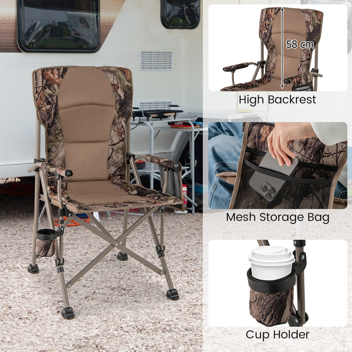 Silla de camping portátil con armazón metálico de 180 kg y patas antideslizantes