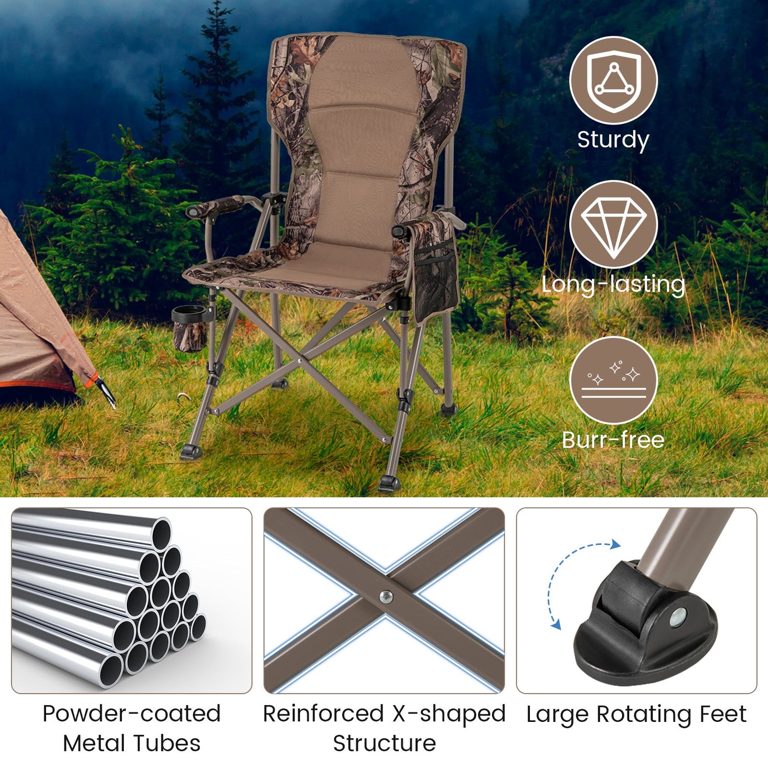 Silla de camping portátil con armazón metálico de 180 kg y patas antideslizantes