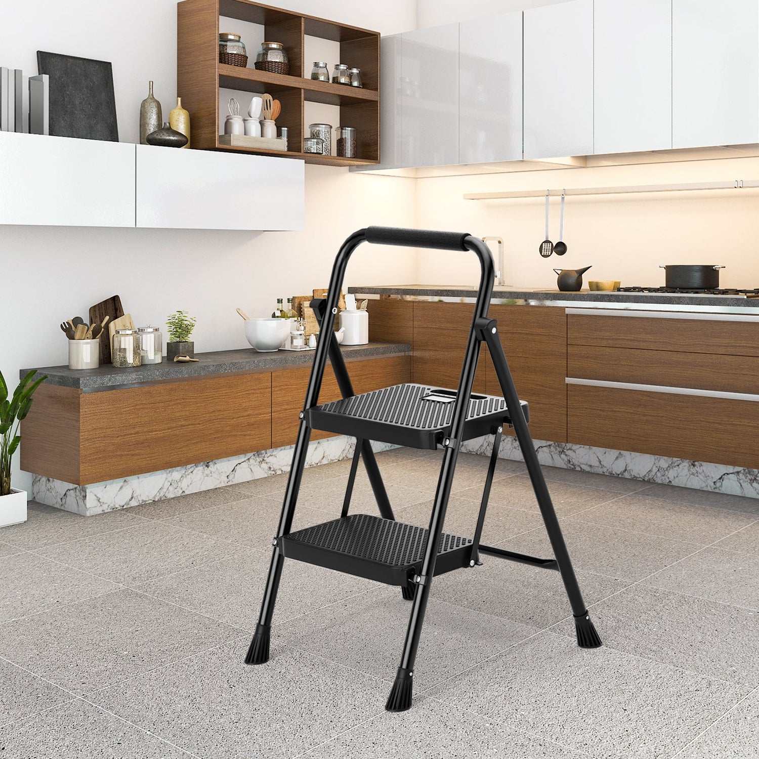 Escalera Plegable Portátil de 2 Peldaños con Pedal Ancho Antideslizante - Negro