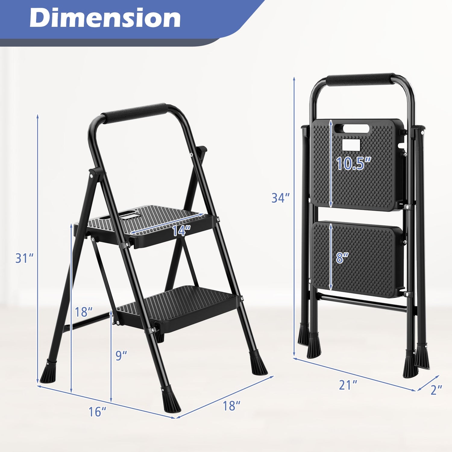 Escalera Plegable Portátil de 2 Peldaños con Pedal Ancho Antideslizante - Negro