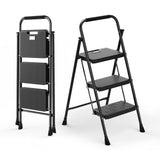 Escalera Plegable Portátil de 3 Peldaños con Pedales Anchos Antideslizantes y Asa Conveniente-Negra