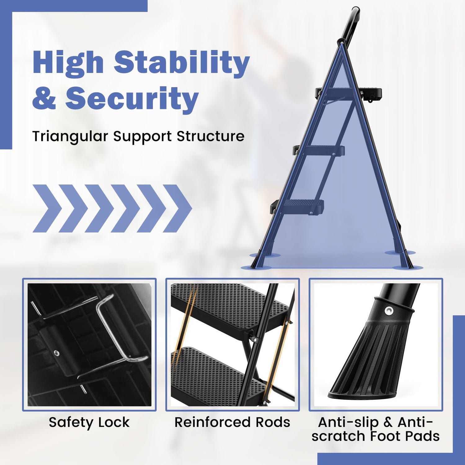 Escalera Plegable Portátil de 3 Peldaños con Pedales Anchos Antideslizantes y Asa Conveniente-Negra
