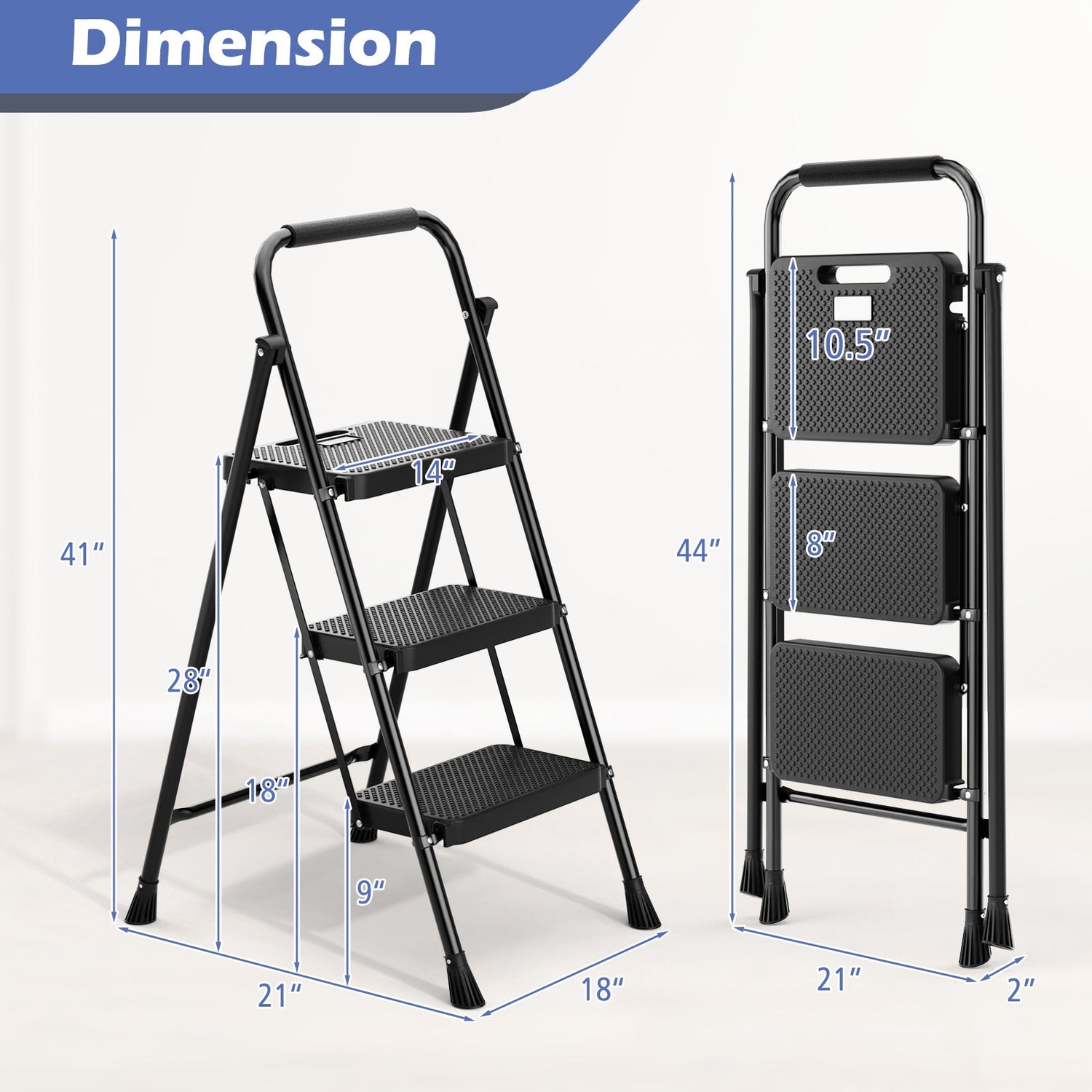 Escalera Plegable Portátil de 3 Peldaños con Pedales Anchos Antideslizantes y Asa Conveniente-Negra