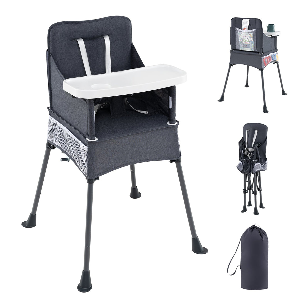 Silla alta portátil para viajes plegable con bandeja ajustable y bolsillos de malla-gris