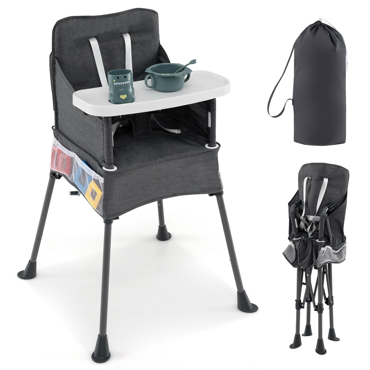 Silla alta portátil para viajes plegable con bandeja ajustable y bolsillos de malla-gris