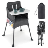 Silla alta portátil para viajes plegable con bandeja ajustable y bolsillos de malla-gris