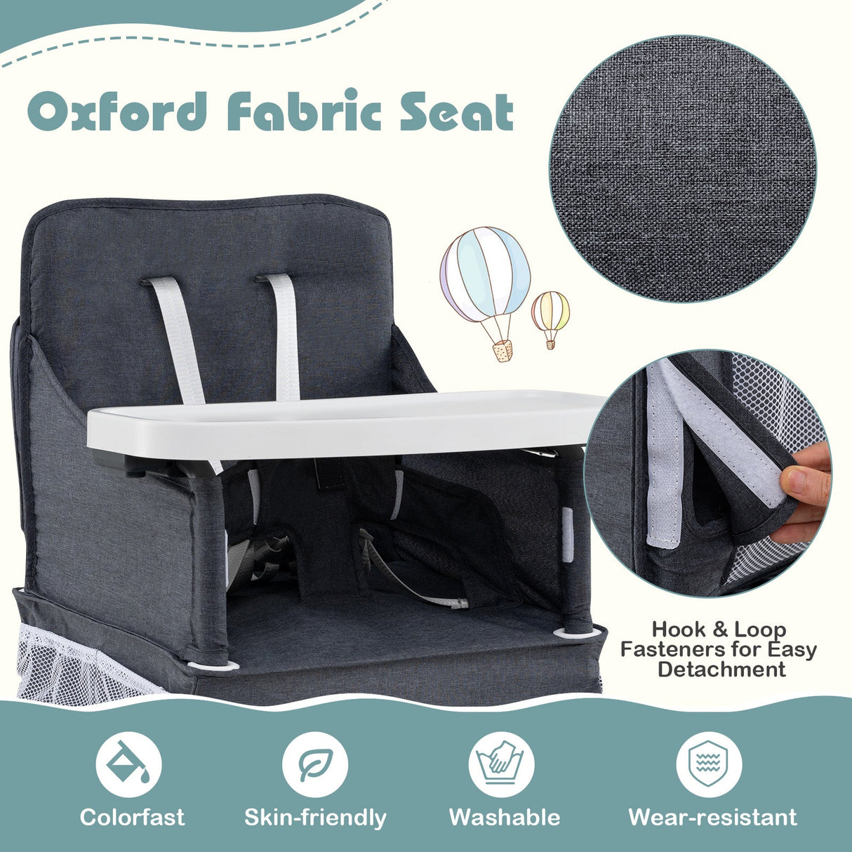 Silla alta portátil para viajes plegable con bandeja ajustable y bolsillos de malla-gris