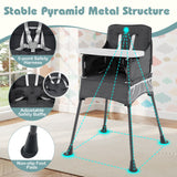Silla alta portátil para viajes plegable con bandeja ajustable y bolsillos de malla-gris