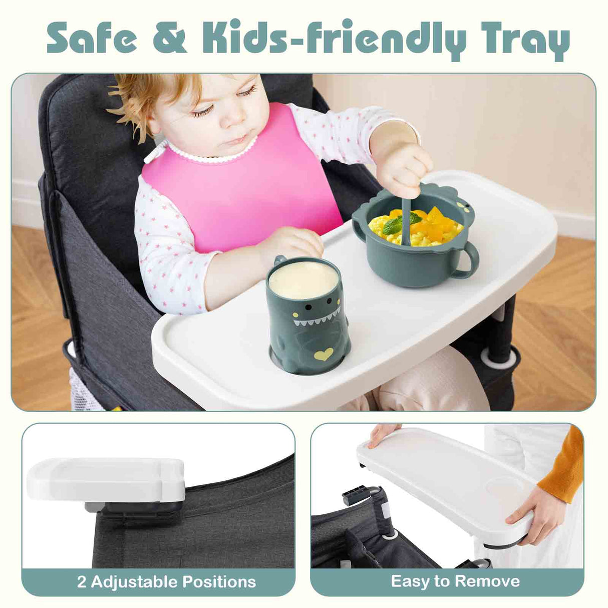 Silla alta portátil para viajes plegable con bandeja ajustable y bolsillos de malla-gris