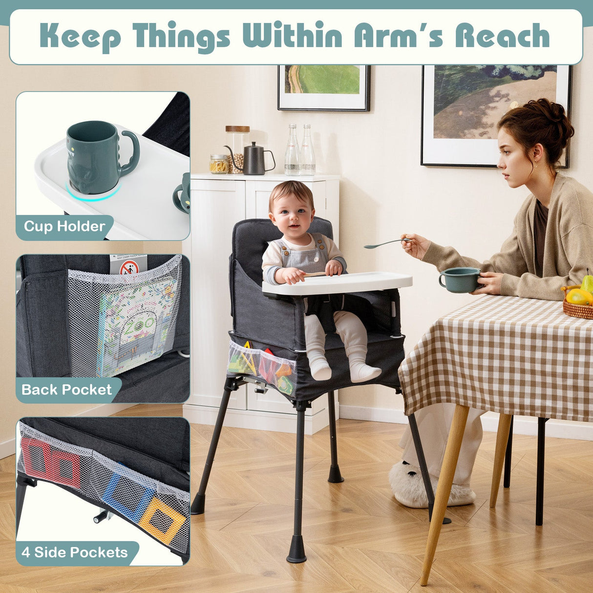 Silla alta portátil para viajes plegable con bandeja ajustable y bolsillos de malla-gris
