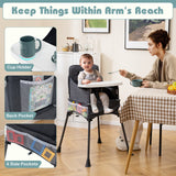 Silla alta portátil para viajes plegable con bandeja ajustable y bolsillos de malla-gris