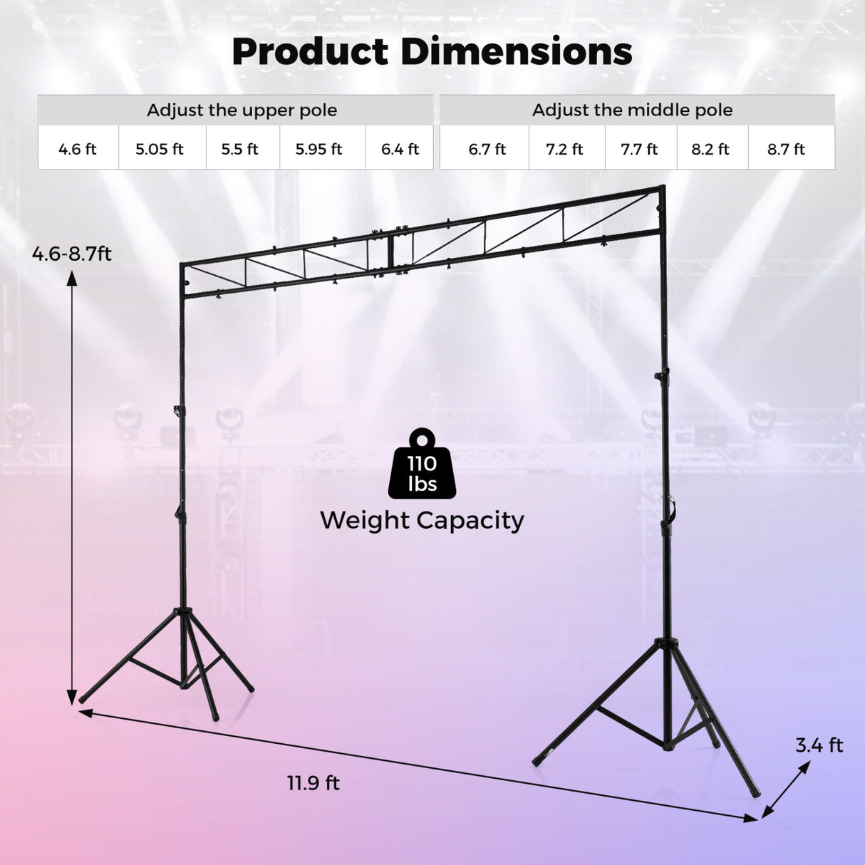 Sistema de Truss de Iluminación Portátil Soporte de Luces DJ Ajustable en Altura con 2 Trípodes Plegables