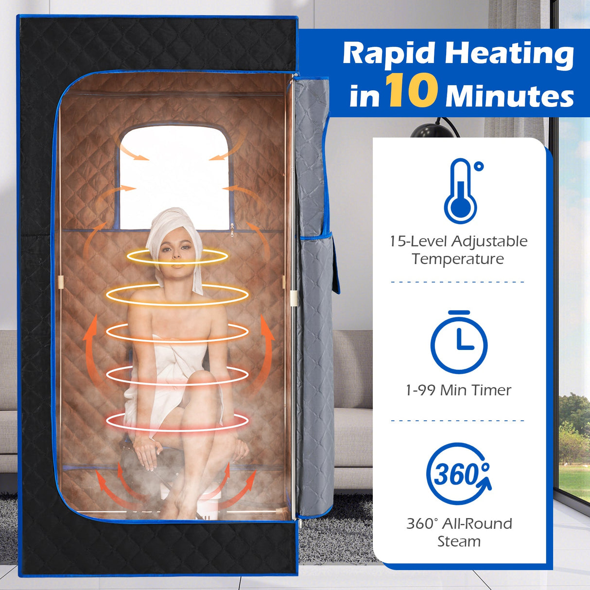 Caja de Sauna de Vapor Portátil con Vaporizador de Calentamiento Rápido de 3L/1200W y 15 Niveles de Temperatura